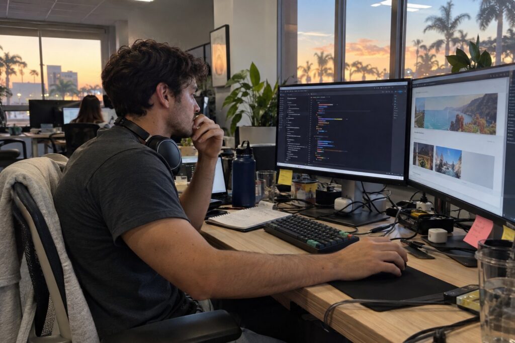 Responsive website design shown on desktop, tablet and phone
