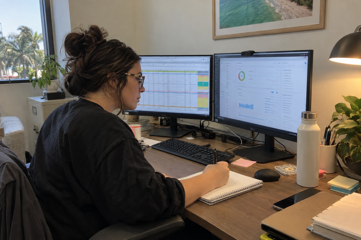 Marketer reviewing website analytics on two monitors at a desk