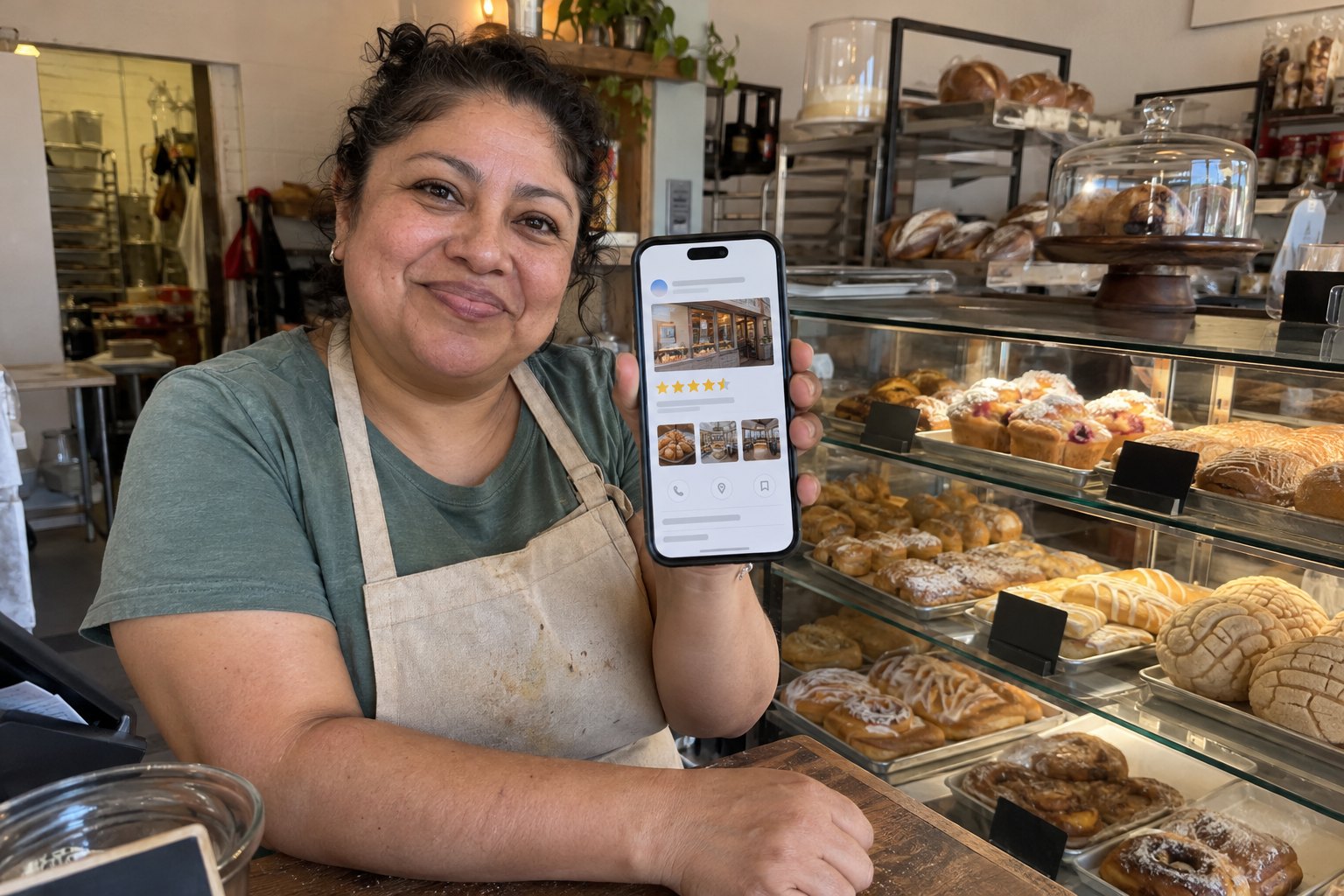 Local business owner checking her Google Business Profile listing on a phone